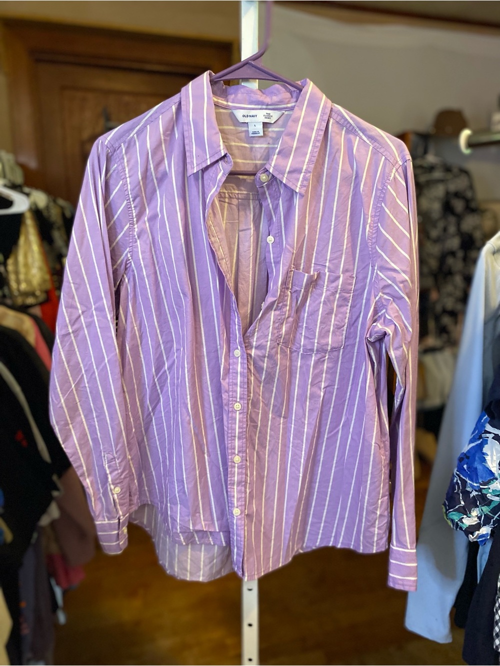 Old Navy Purple and White Vertical Stripe Button-Down Shirt